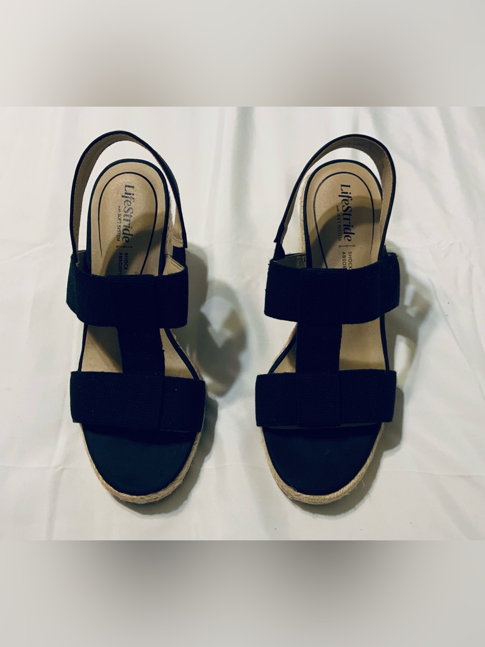 Life Stride Black Elastic Strap Wedge Sandals size 9Wide